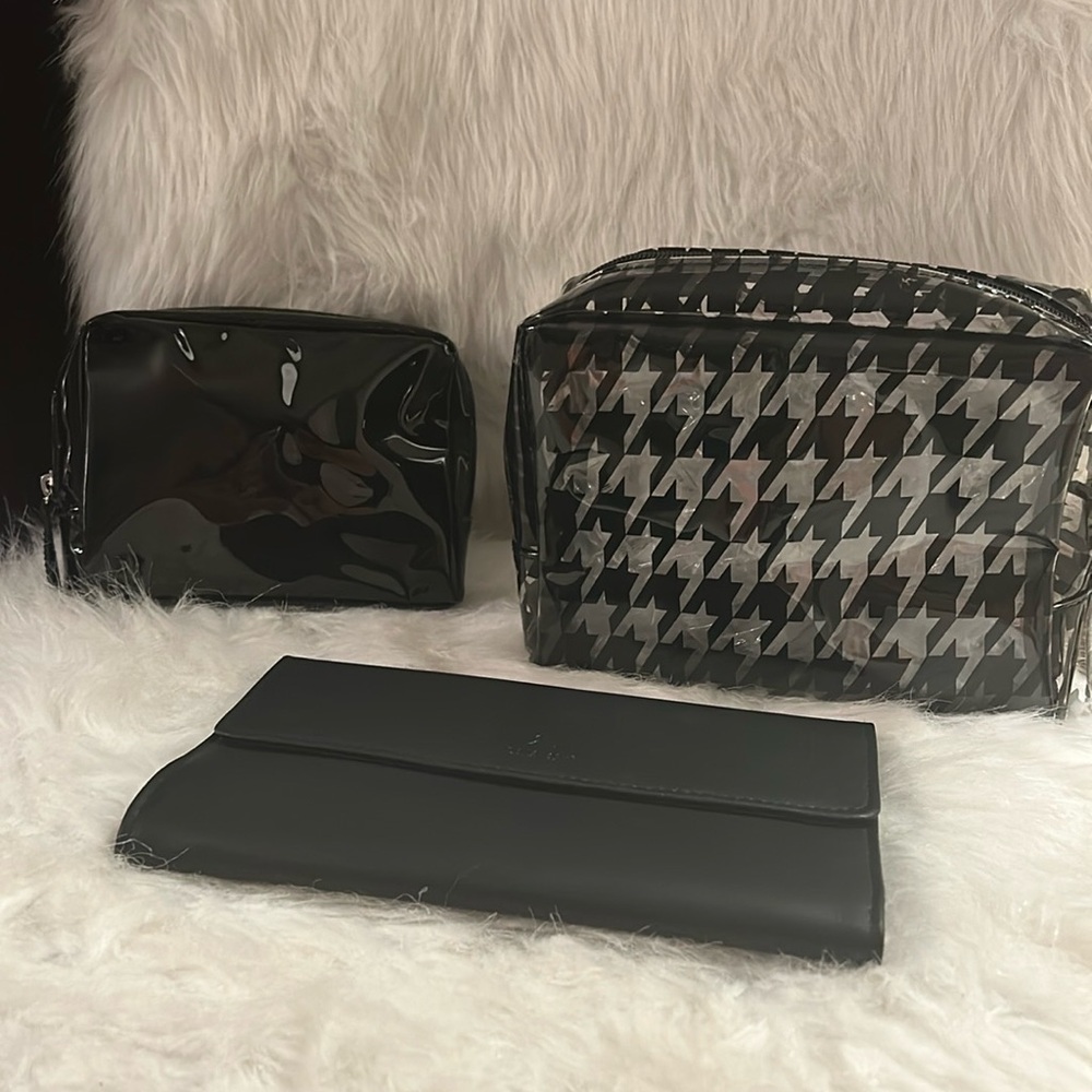 New, 3 pc. Black and Houndstooth Cosmetic Bag Set